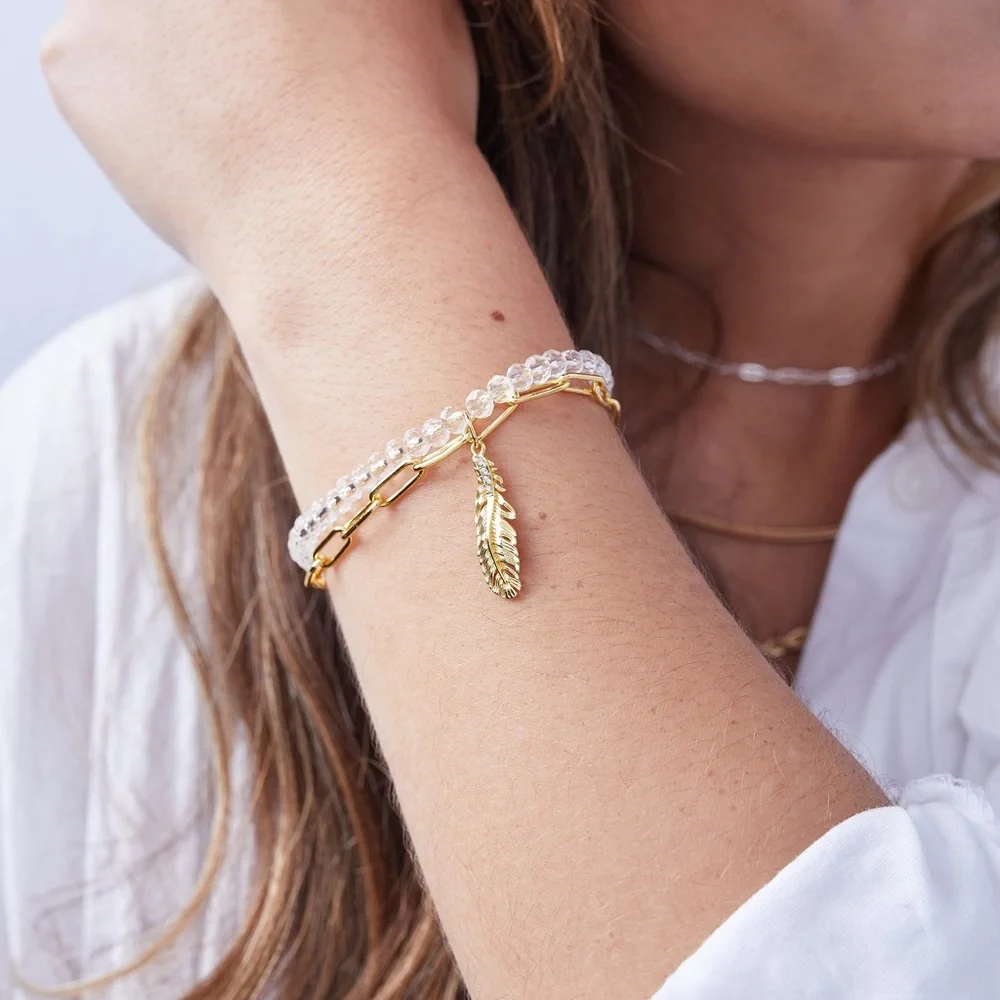 Alex and Ani Feather Chain Bracelet Gold Tone with Clear Crystals NWT